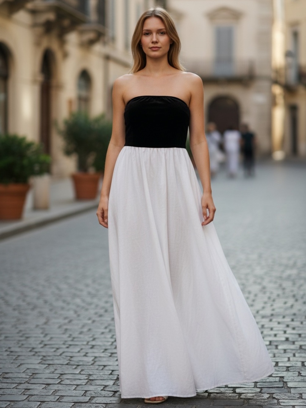 Strapless Black & White Flowing Maxi Dress